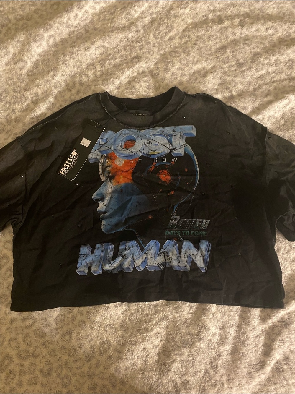 First Row Black Graphic Crop Top - 'Human' Print